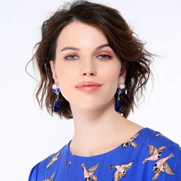 Sapphire Blue Crystal Rhinestone Pearl Vintage Gold Dangle Statement Earrings - Picture 2 of 12